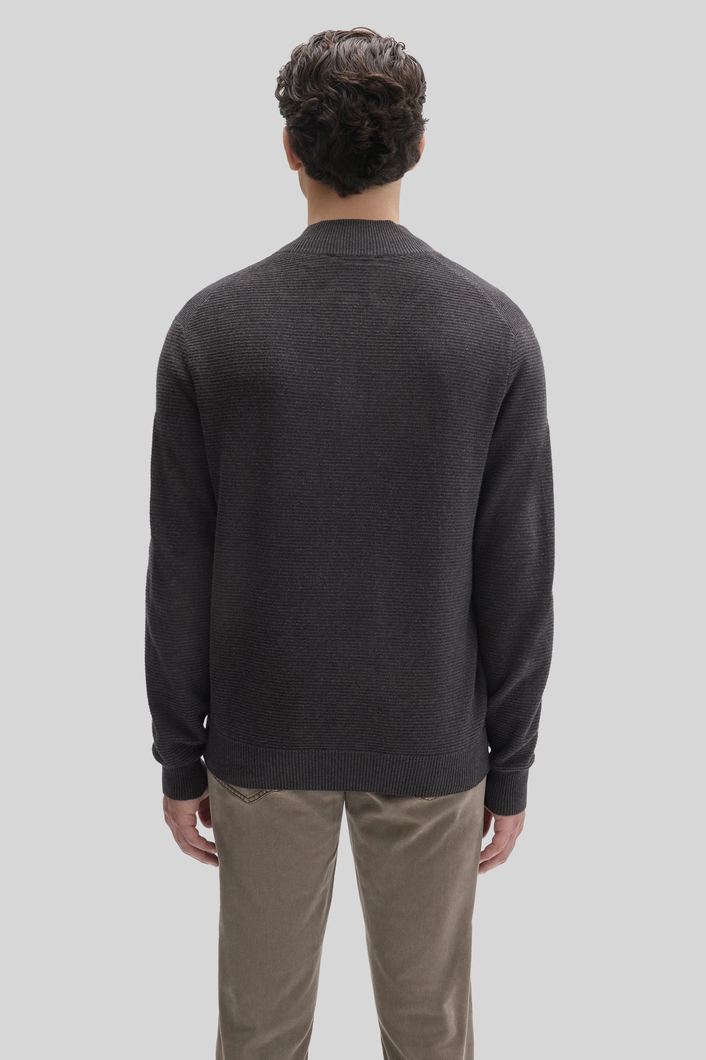 Man wearing charcoal gray quarter zip sweater with ribbed texture and crew neckline, shown from back.