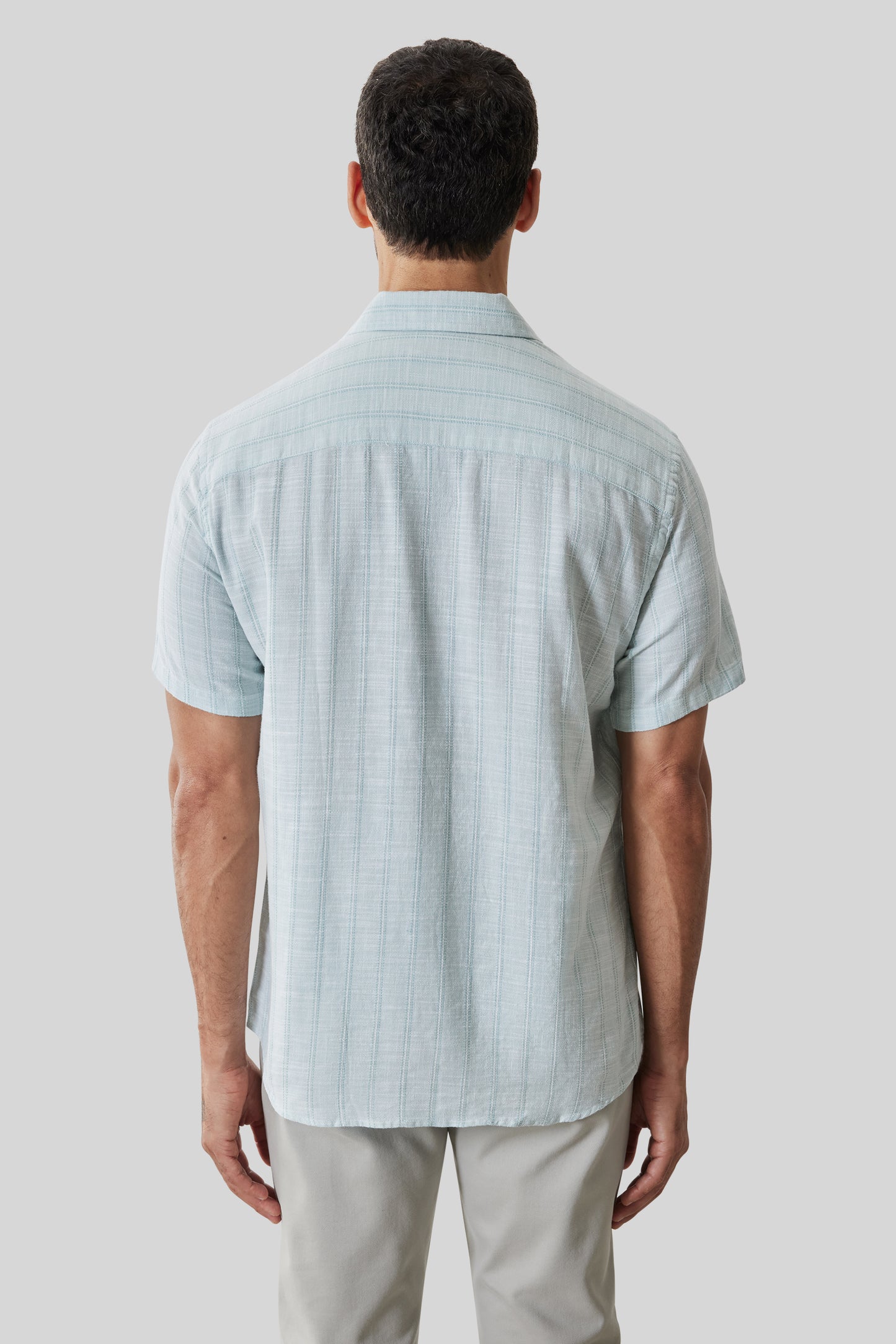 Light blue checkered short sleeve shirt on a model shown from the back.