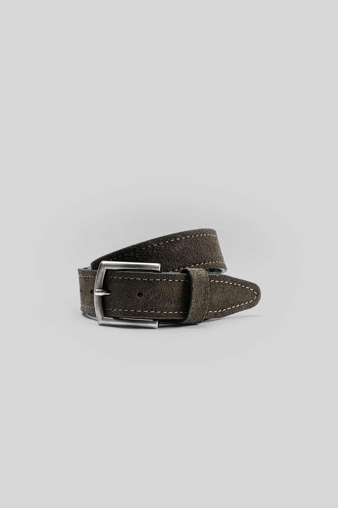 Olive-gray leather belt with silver-toned rectangular buckle and white contrast stitching along the edges.