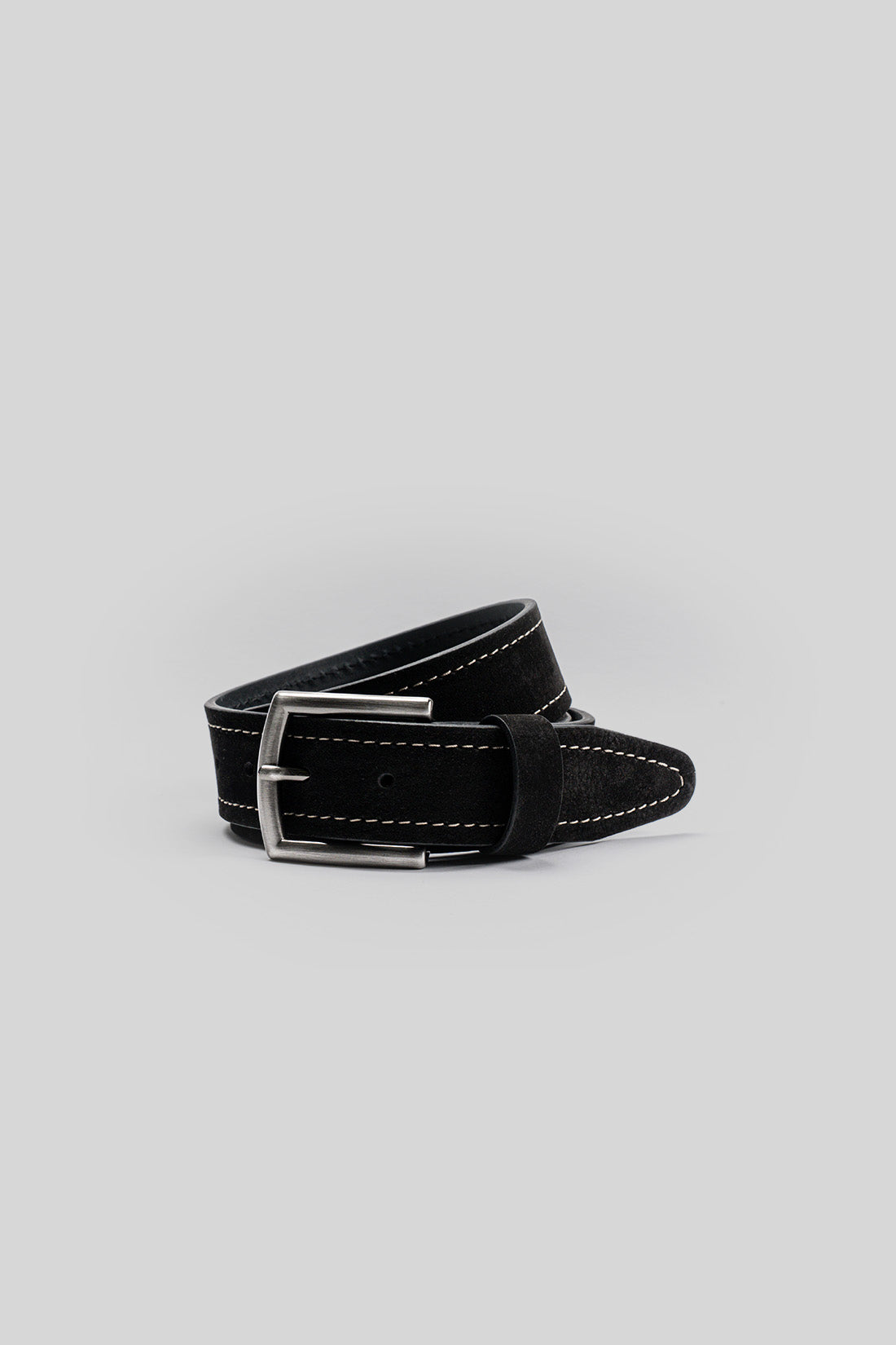 Black leather belt with white topstitching and silver-tone rectangular buckle.