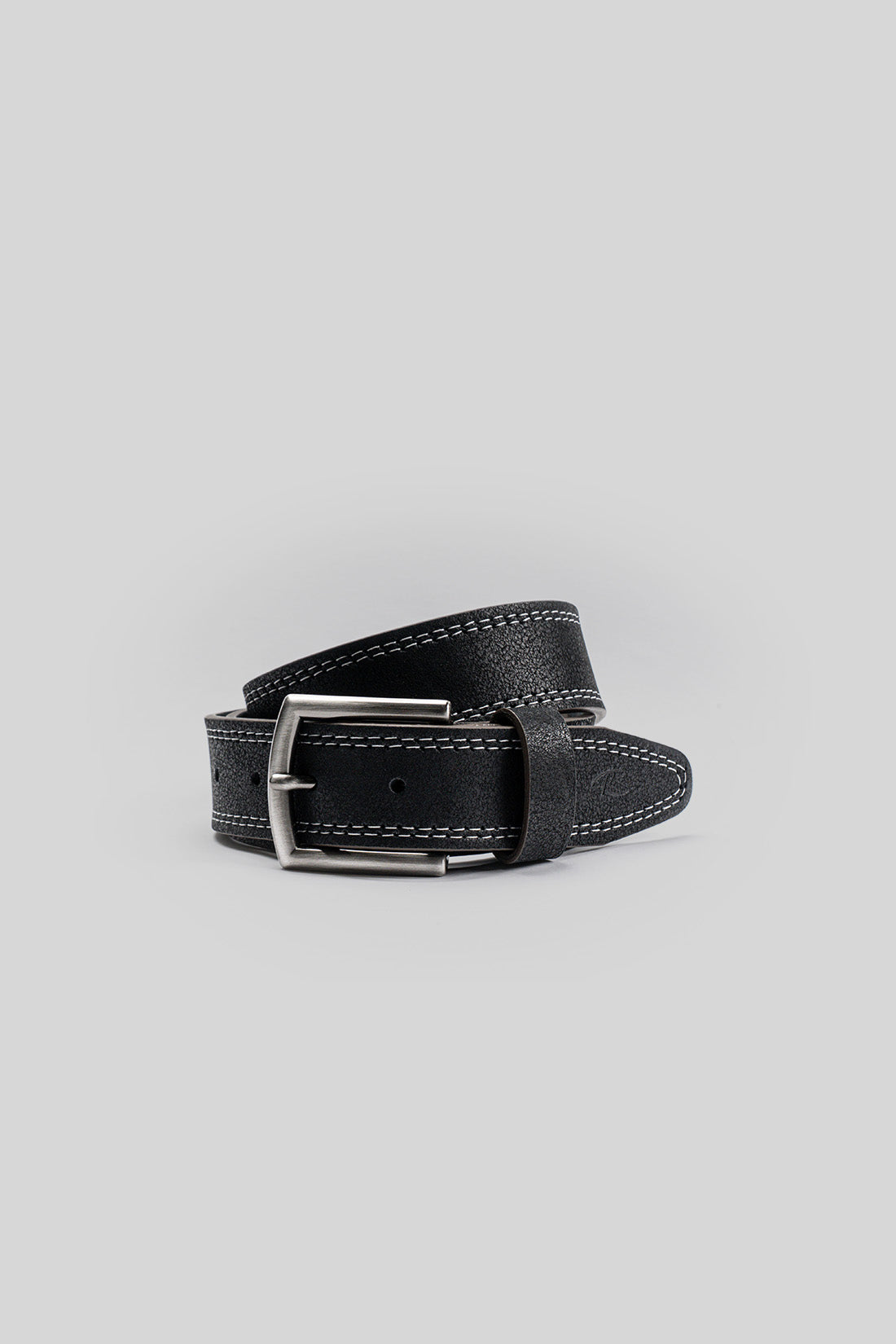 Black leather belt with white contrast stitching and silver-tone rectangular buckle.
